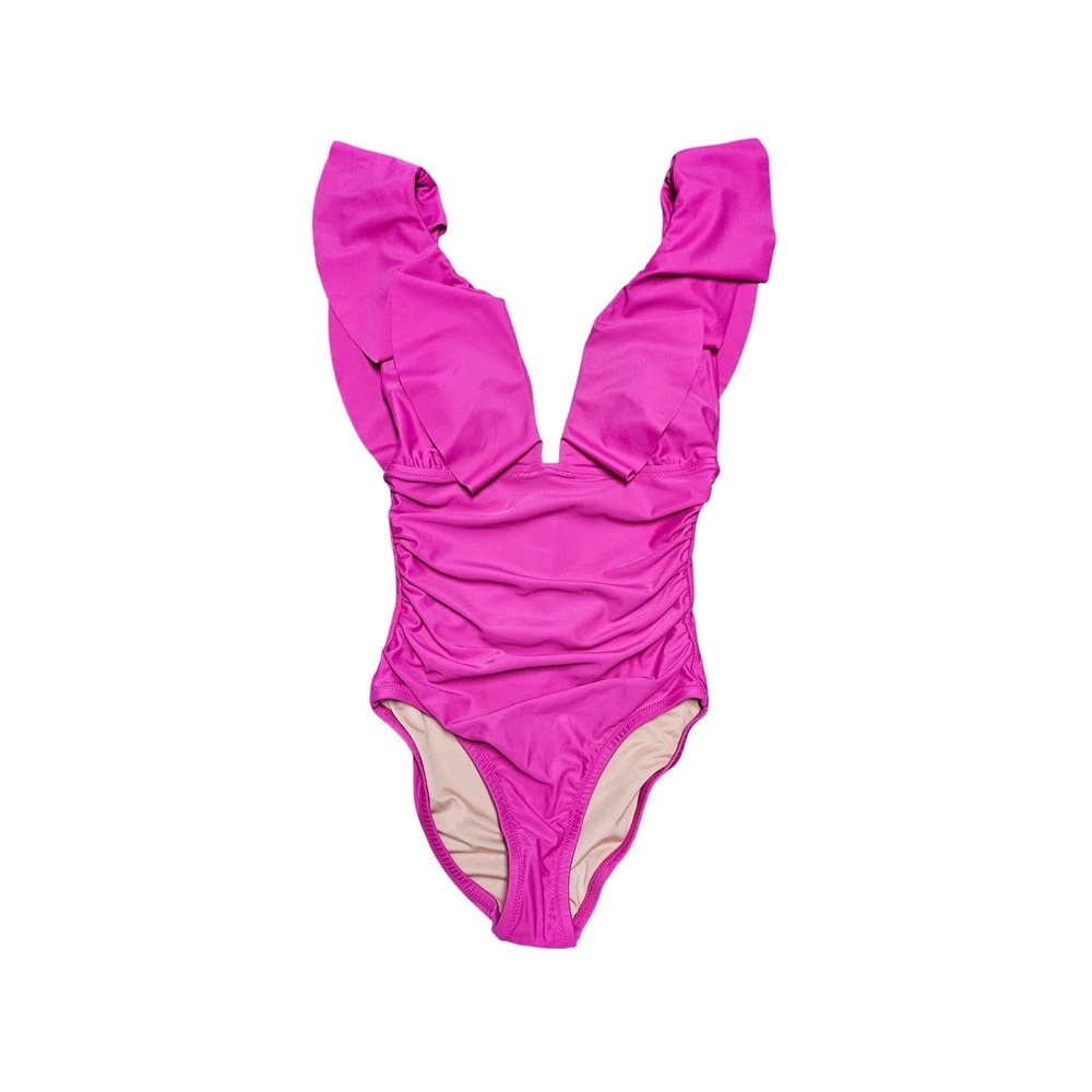 NWT J. Crew Fuchsia Ruched Ruffle Deep V-Neck One Piece Swimsuit Size 0